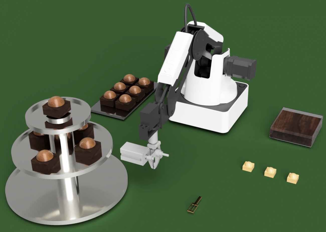 Roboter taucht Pralinen in Schokolade und platziert sie auf einer Etagere